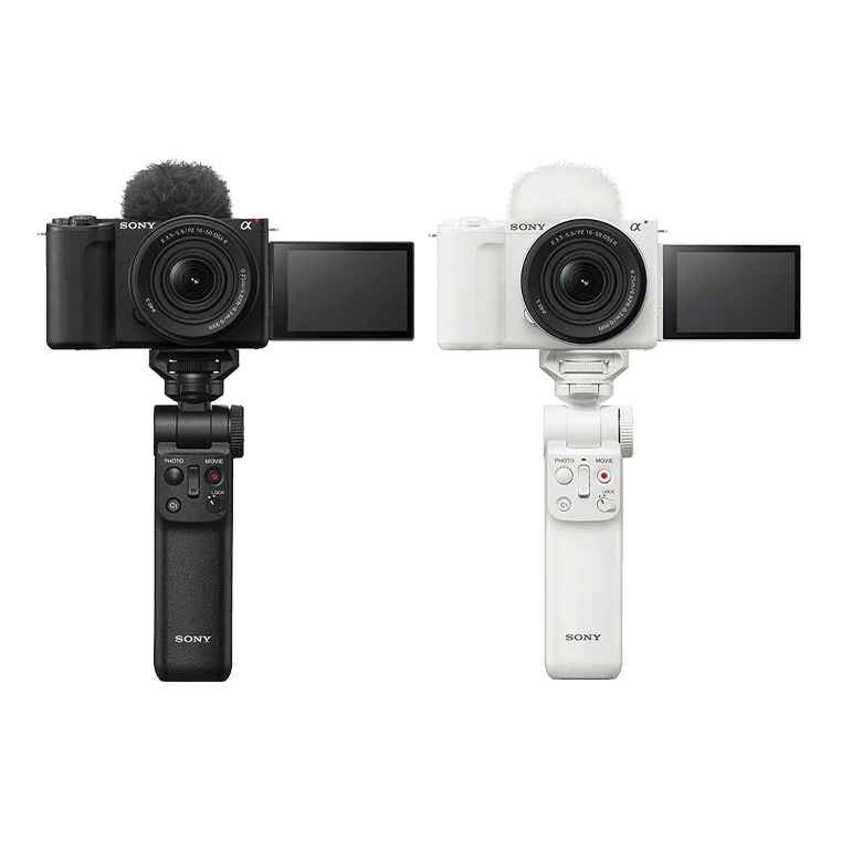 SONY ZV-E10 II シューティンググリップキットの外観（ブラックとホワイトの2色・ボディにパワーズームレンズとウインドスクリーンを装着しシューティンググリップGP-VPT2BTに固定）